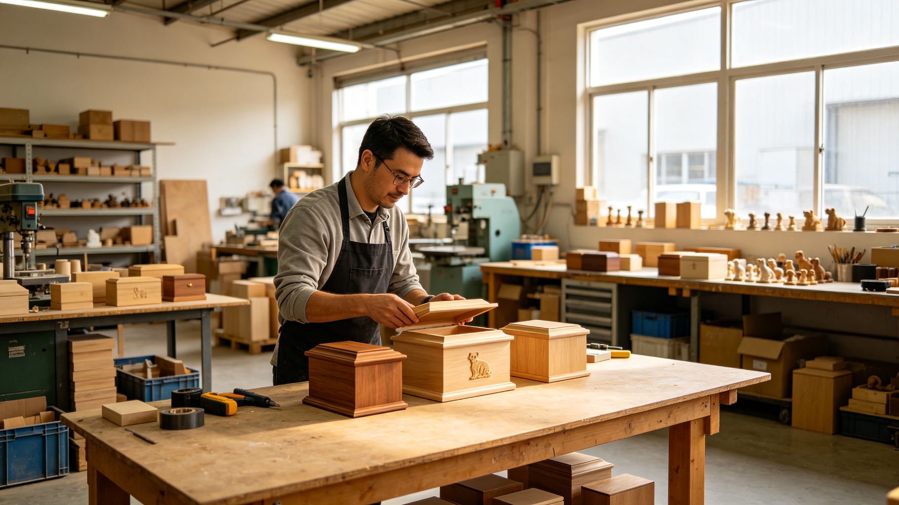 Petorvi workshop with wooden pet urn boxes