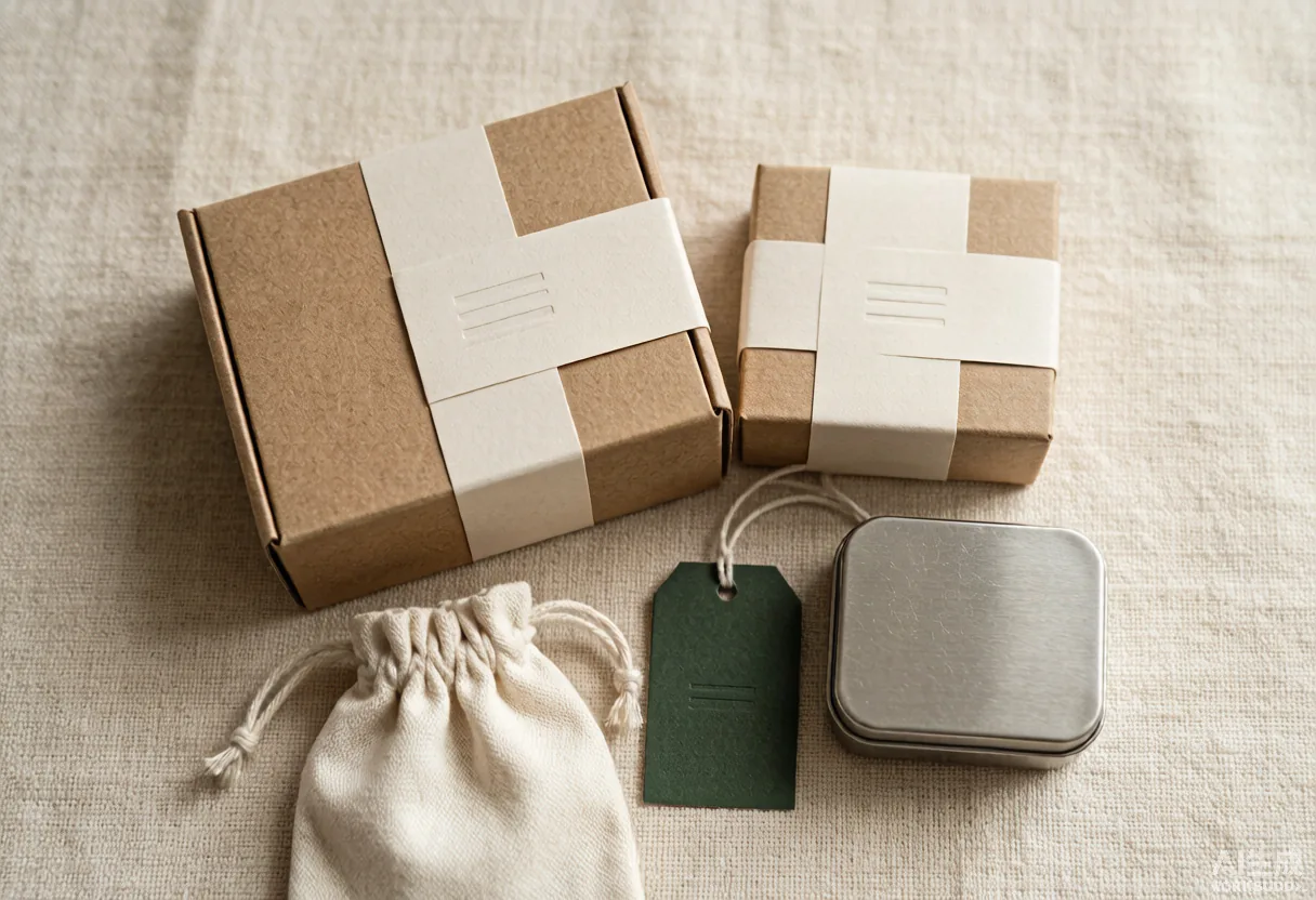 Product-development reference: kraft boxes, a branded hangtag, keepsake tin and cotton pouch.